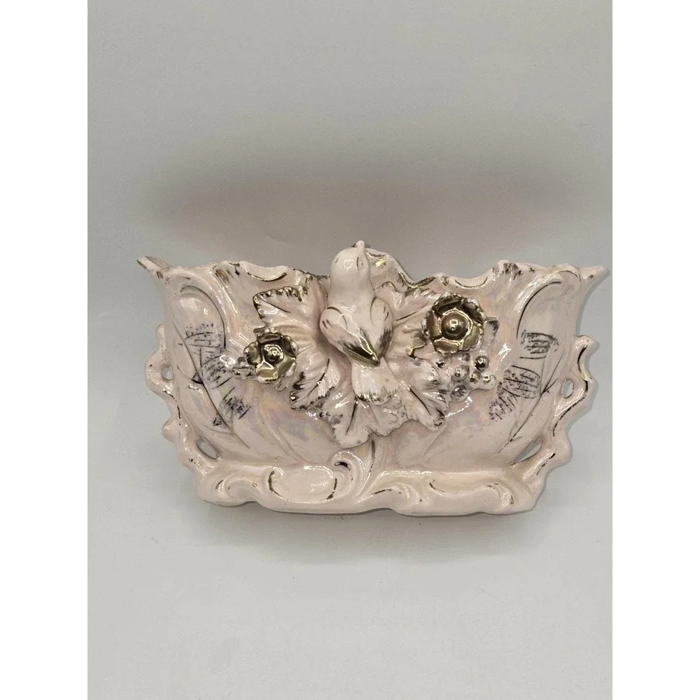 Vintage Pink Lusterware Planter Bird Floral Gold‎ Trim Ceramic Jardiniere 7